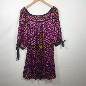 Hale Bob Silk Shift Dress Floral Bold Print Pink and Black 3/4 Sleeves Small